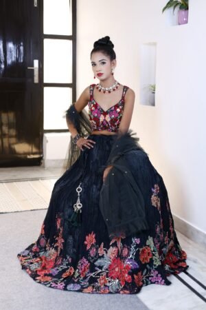 Navy Blue Digital Print Lehenga With Embroidered Crop top