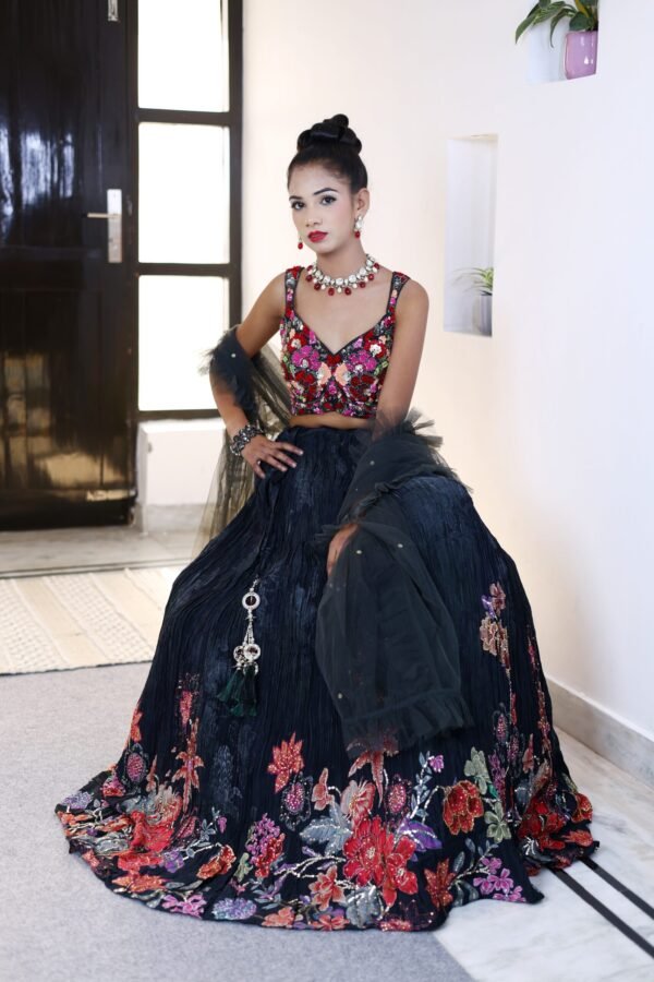 Navy Blue Digital Print Lehenga With Embroidered Crop top