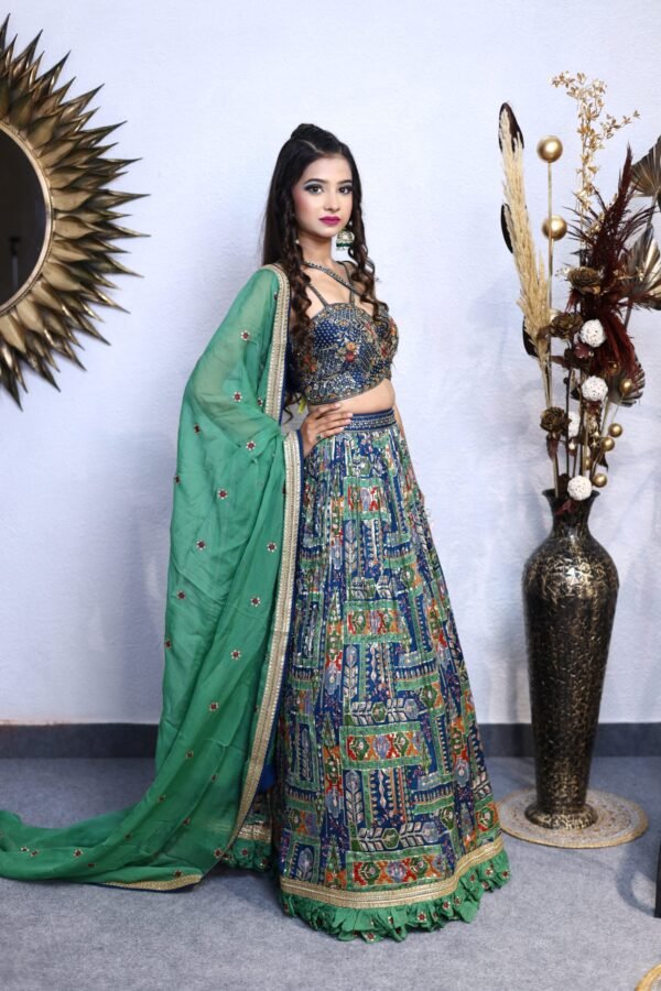 Multicolour Lehenga With Hand Embroidered Noodle Strap Blouse