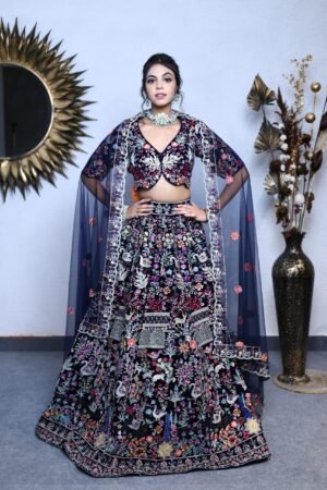 Navy Blue Embroidered Lehenga With Blouse