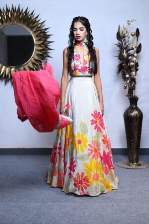 White Embroidered Crop top With Printed Lehenga